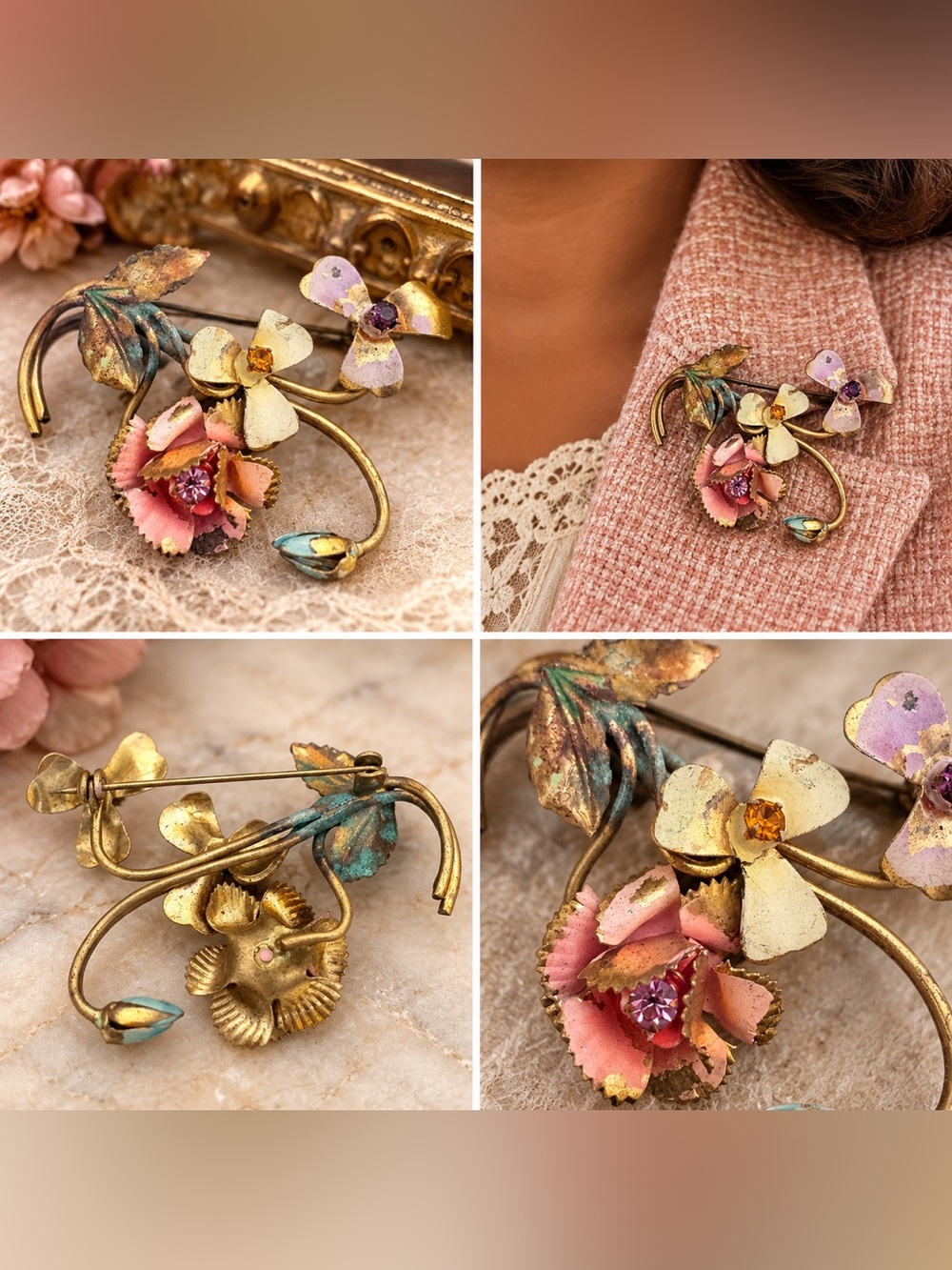 Antique Hand Painted Floral Brooch with Rhinestone